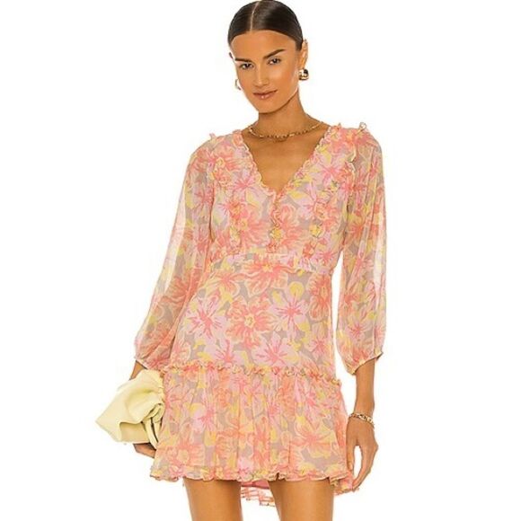 LIKELY | Mia Dress in Peach/ Pink Floral Mini Ruffle Dress Size 6 - Picture 1 of 6